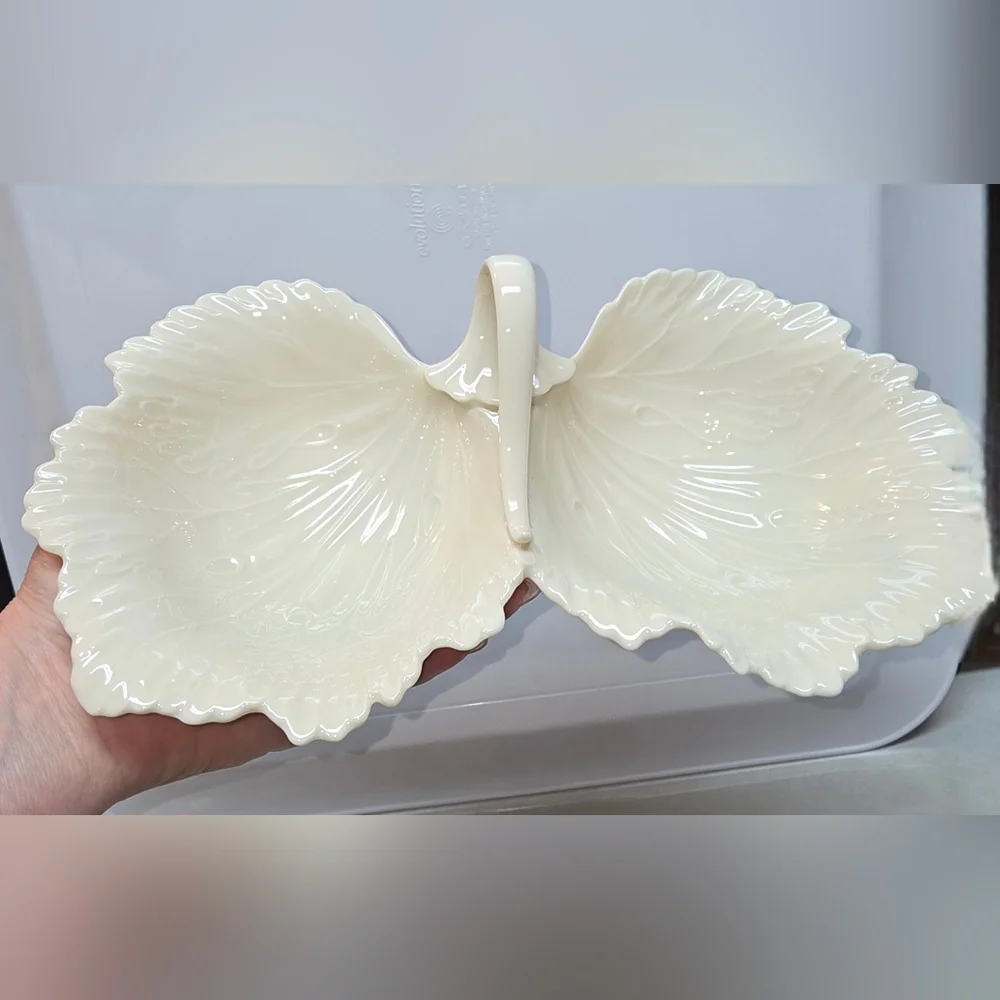 Lenox Double Cabbage Leaf Handled Porcelain Candy Nut Dish Bowl